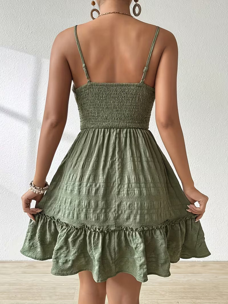 Ruched Mini Dress with Adjustable Spaghetti Straps.