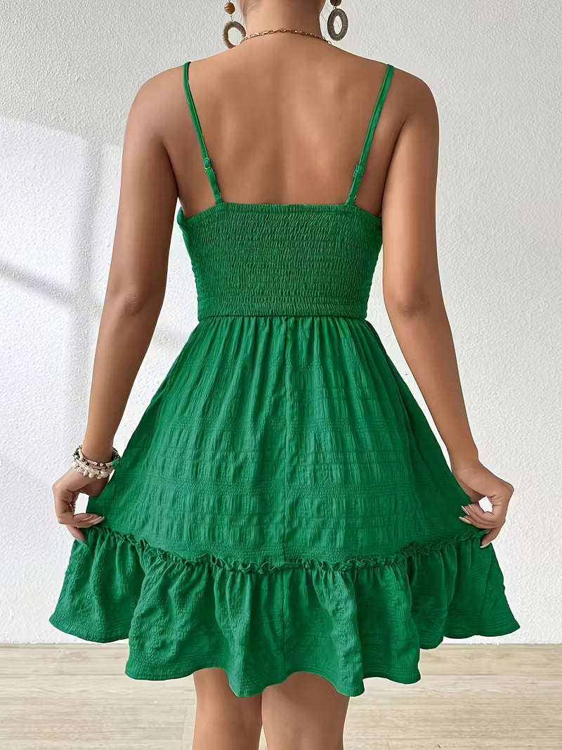 Ruched Mini Dress with Adjustable Spaghetti Straps.