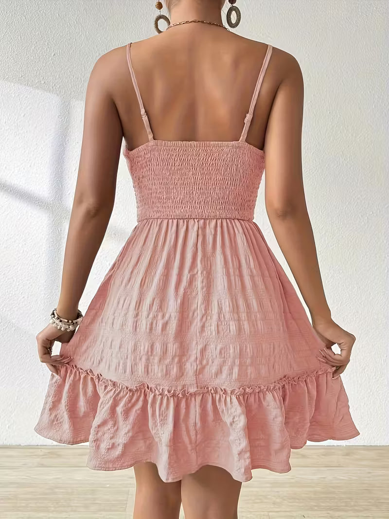 Ruched Mini Dress with Adjustable Spaghetti Straps.