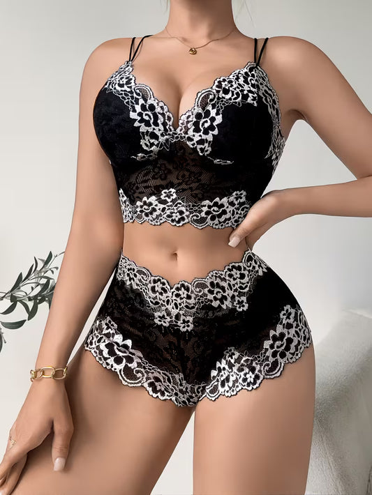 Semi-Sheer V-Neck Bra & Matching Briefs.