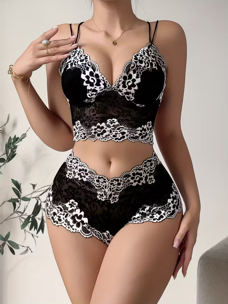 Semi-Sheer V-Neck Bra & Matching Briefs.