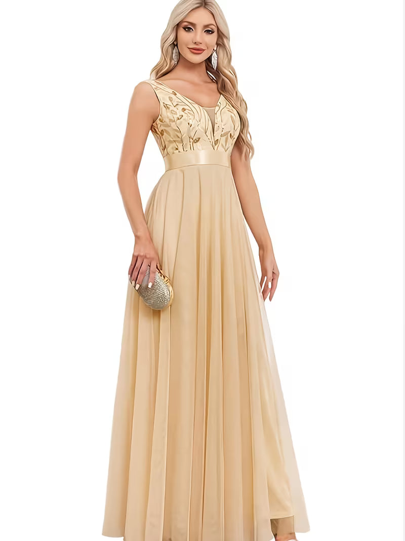 Sequin Mesh A-Line Gown.