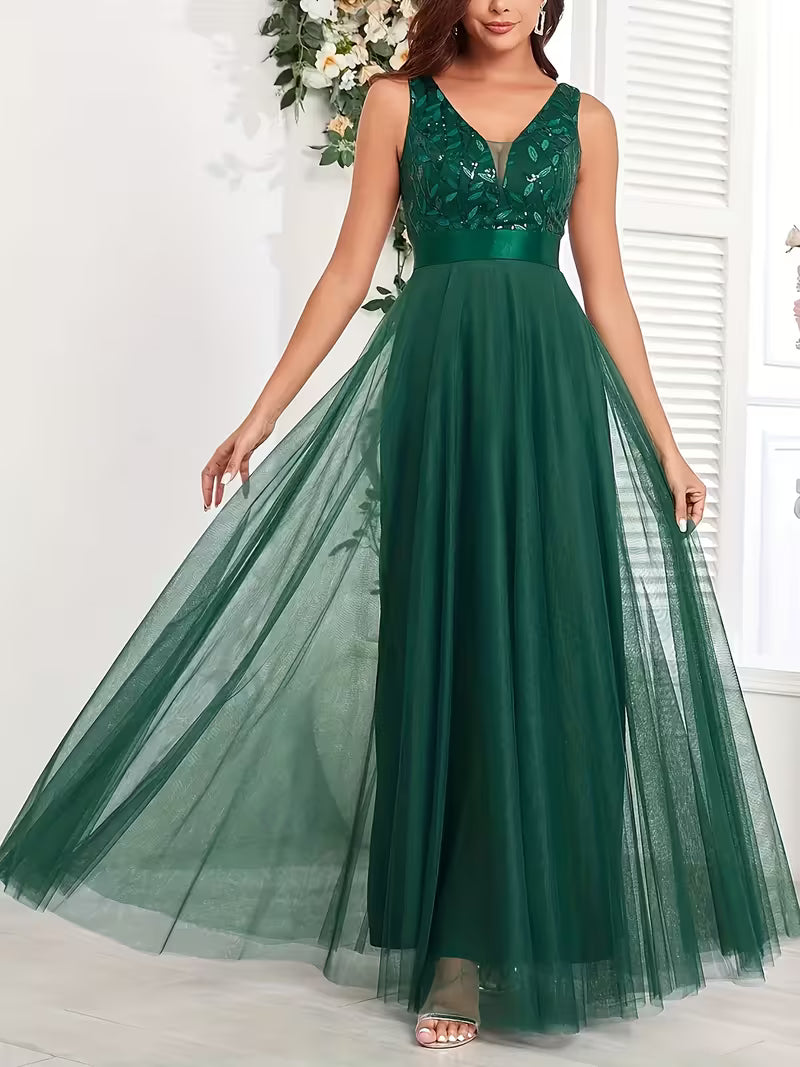 Sequin Mesh A-Line Gown.