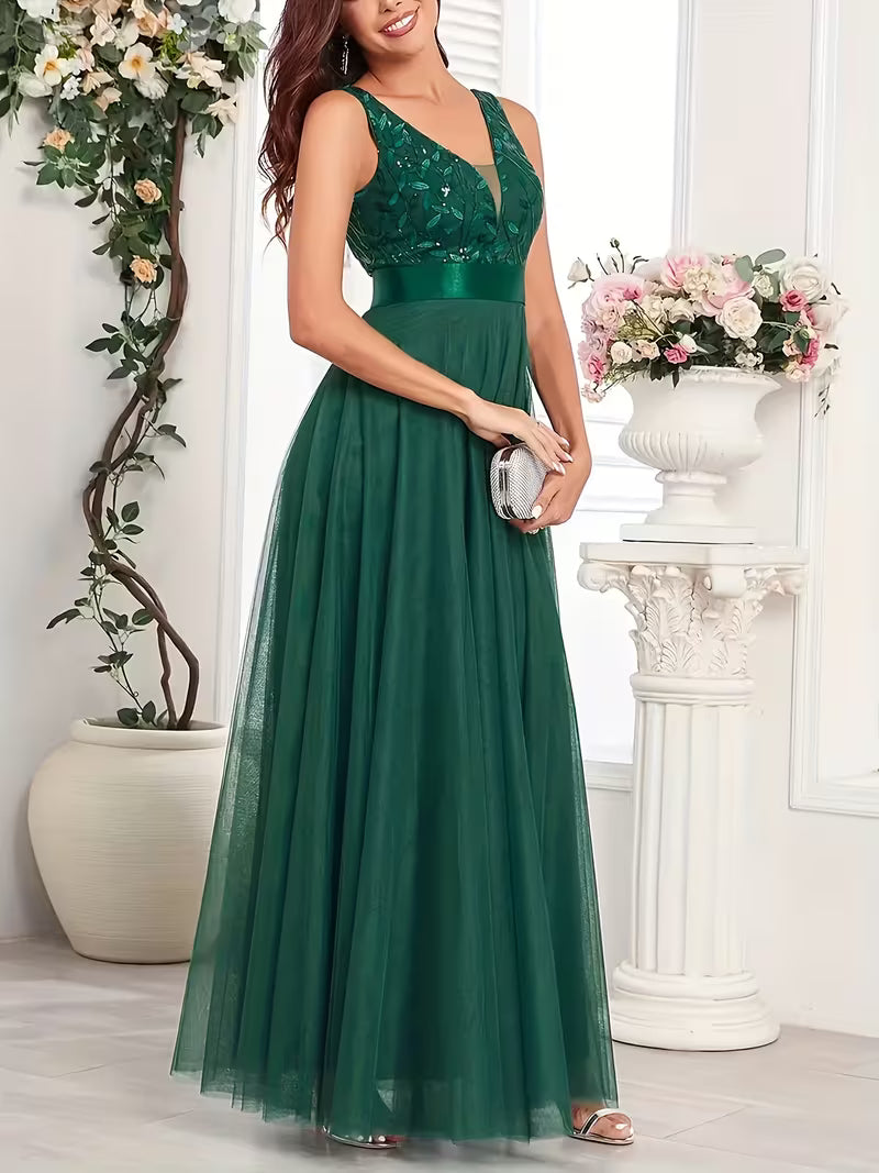 Sequin Mesh A-Line Gown.