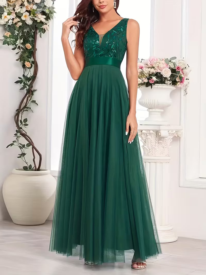 Sequin Mesh A-Line Gown.