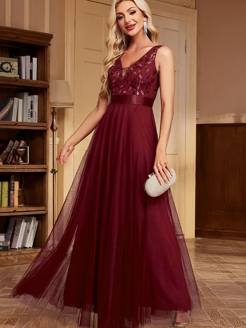 Sequin Mesh A-Line Gown.