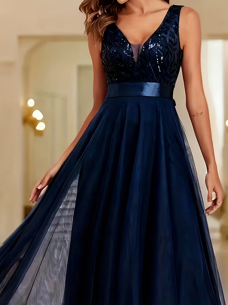 Sequin Mesh A-Line Gown.