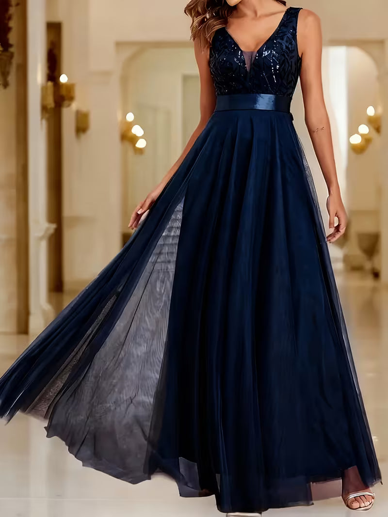 Sequin Mesh A-Line Gown.