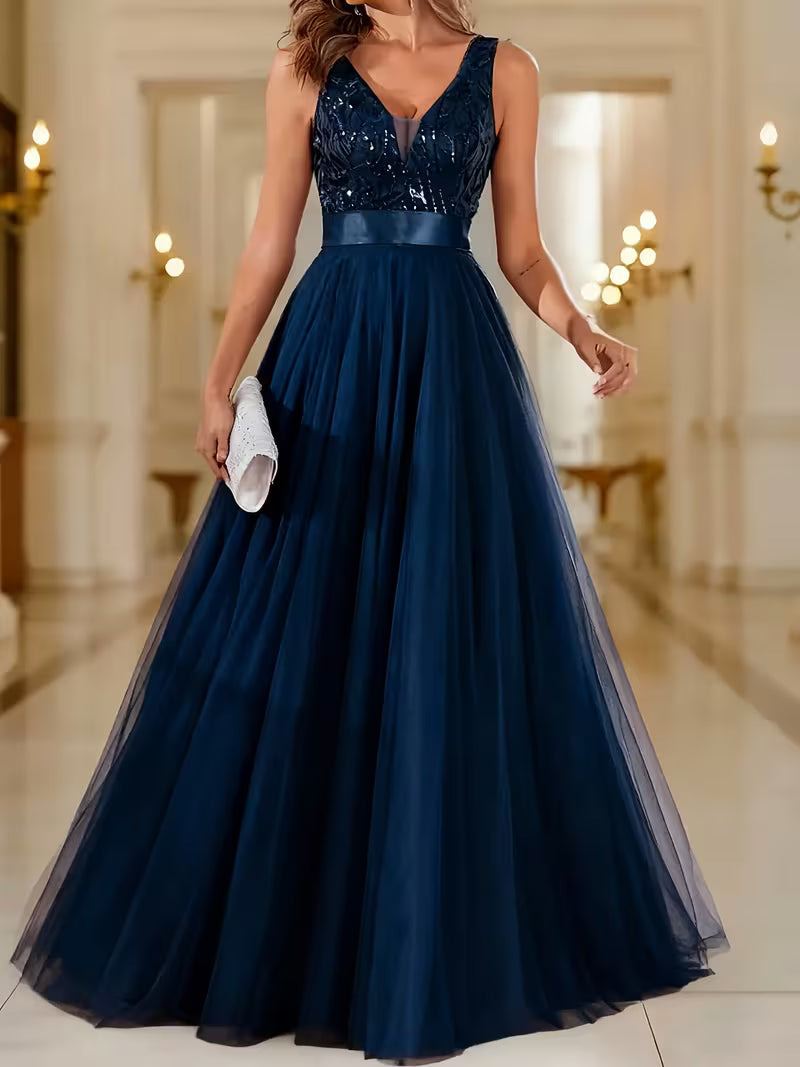 Sequin Mesh A-Line Gown.
