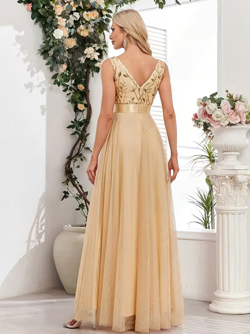 Sequin Mesh A-Line Gown.