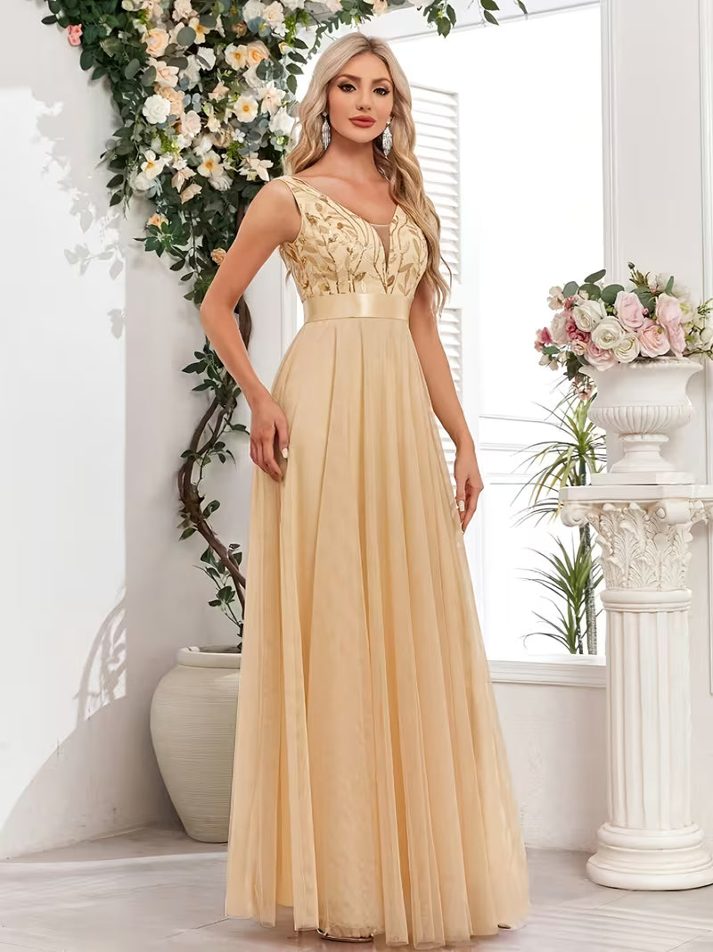 Sequin Mesh A-Line Gown.