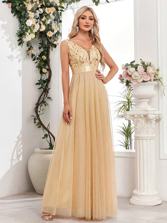 Sequin Mesh A-Line Gown.