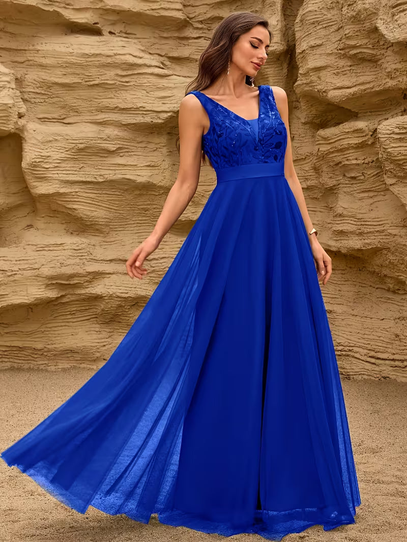 Sequin Mesh A-Line Gown.