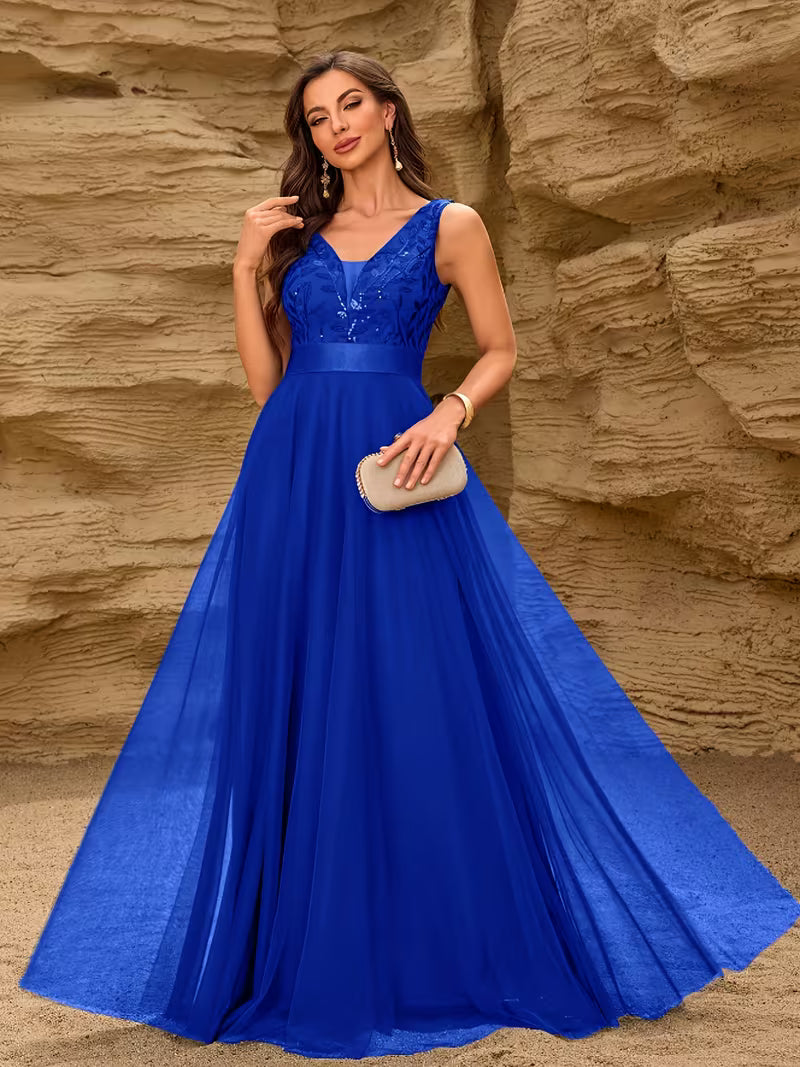 Sequin Mesh A-Line Gown.