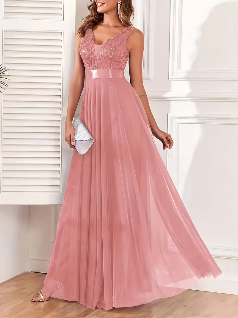 Sequin Mesh A-Line Gown.
