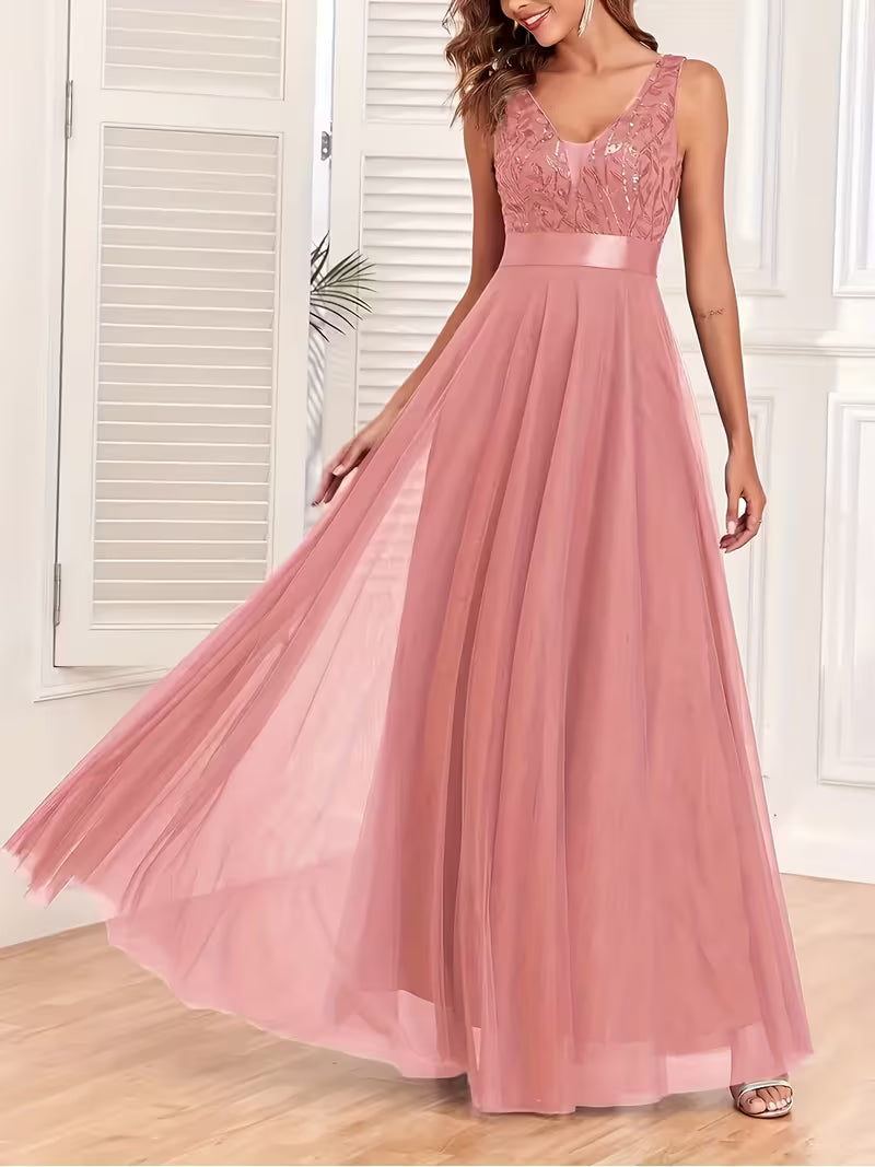 Sequin Mesh A-Line Gown.