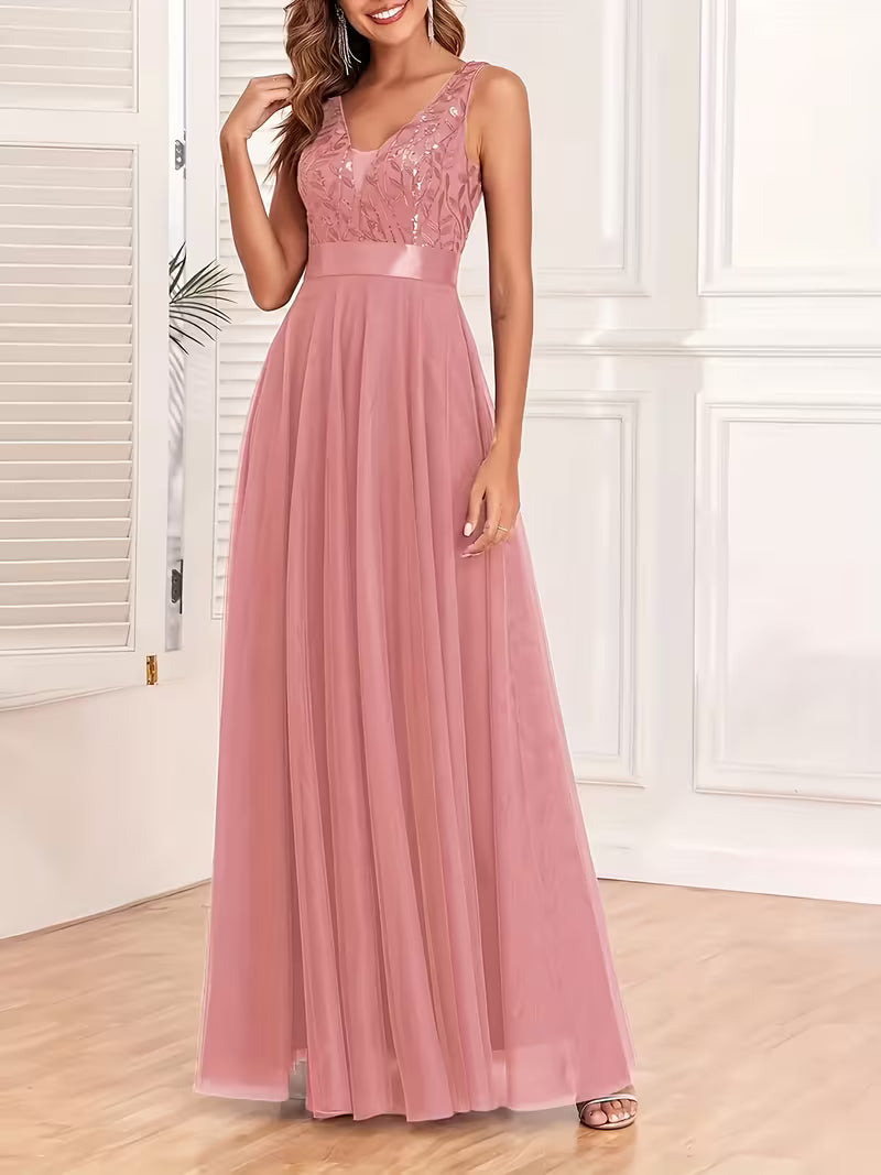 Sequin Mesh A-Line Gown.