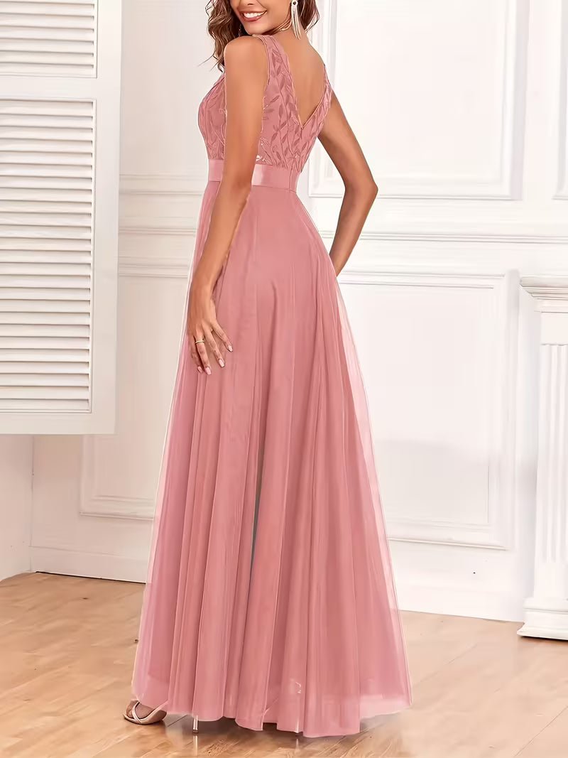 Sequin Mesh A-Line Gown.