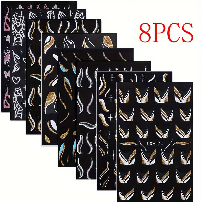 Set of 8 French-Style Glitter Gold Flame Butterfly Small Flower Nail Stickers.