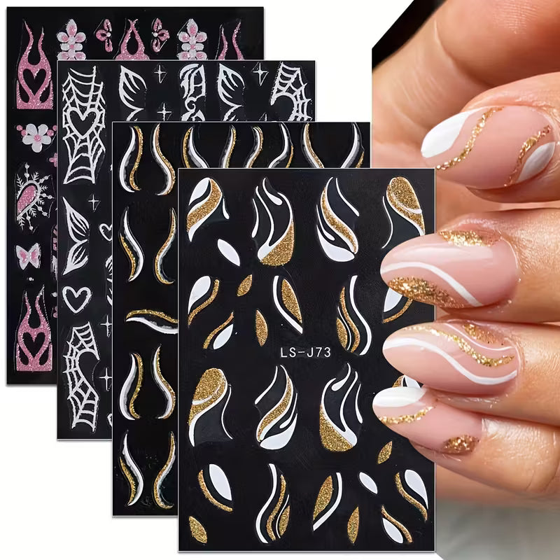 Set of 8 French-Style Glitter Gold Flame Butterfly Small Flower Nail Stickers.