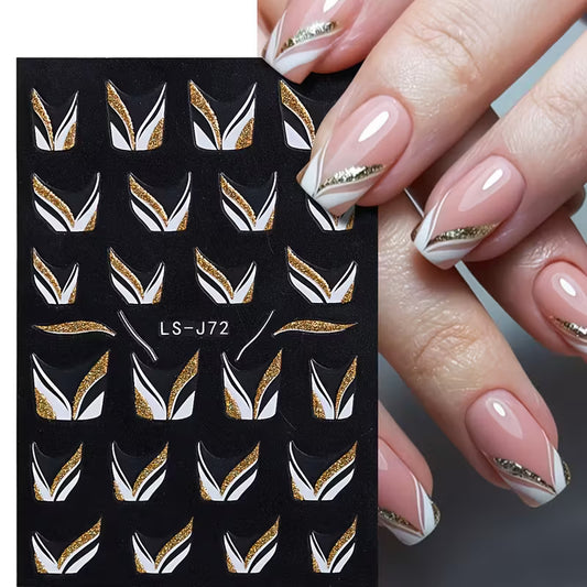 Set of 8 French-Style Glitter Gold Flame Butterfly Small Flower Nail Stickers.