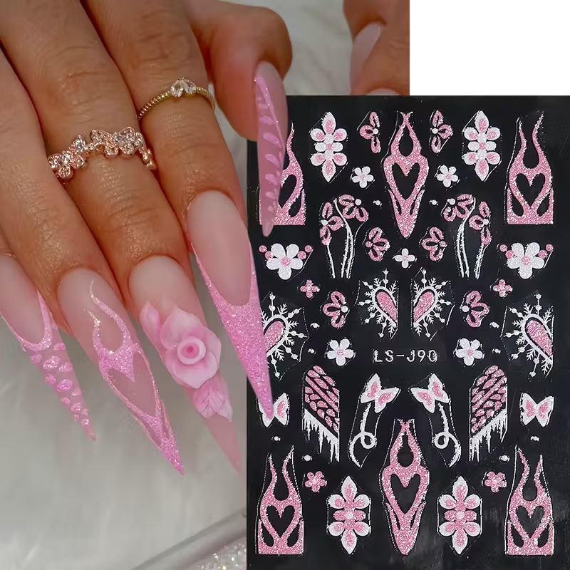 Set of 8 French-Style Glitter Gold Flame Butterfly Small Flower Nail Stickers.