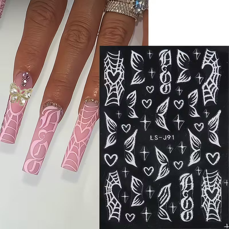 Set of 8 French-Style Glitter Gold Flame Butterfly Small Flower Nail Stickers.