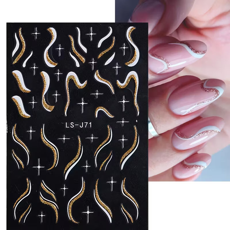 Set of 8 French-Style Glitter Gold Flame Butterfly Small Flower Nail Stickers.