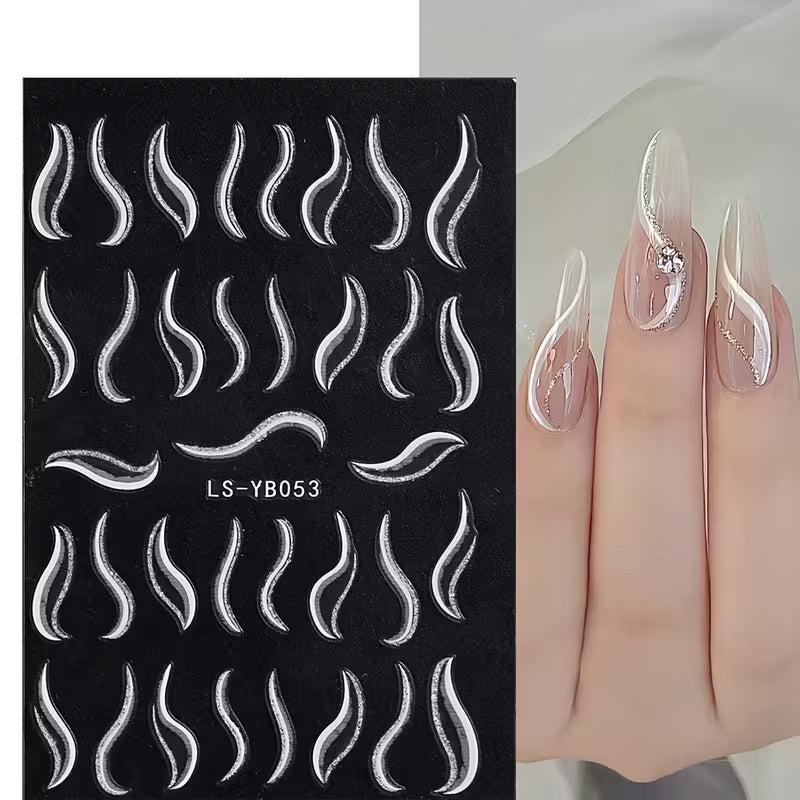 Set of 8 French-Style Glitter Gold Flame Butterfly Small Flower Nail Stickers.