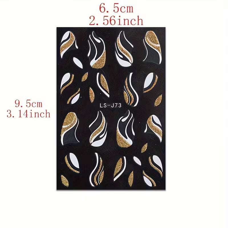 Set of 8 French-Style Glitter Gold Flame Butterfly Small Flower Nail Stickers.