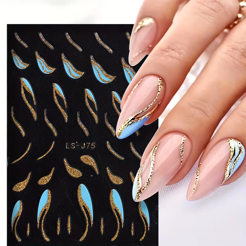Set of 8 French-Style Glitter Gold Flame Butterfly Small Flower Nail Stickers.