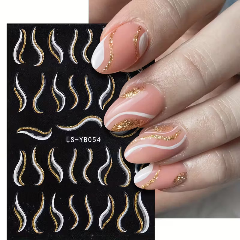 Set of 8 French-Style Glitter Gold Flame Butterfly Small Flower Nail Stickers.