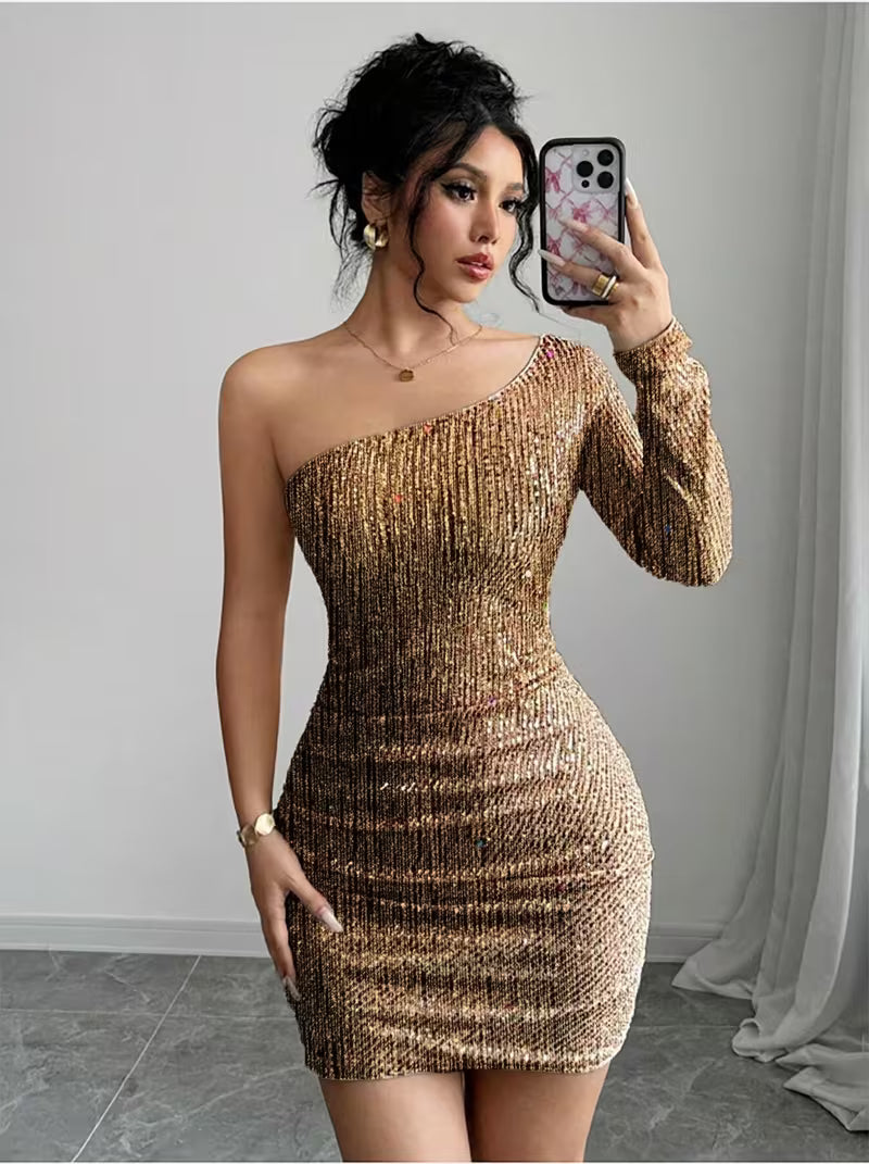 Shimmering One-Shoulder Sequin Dress.