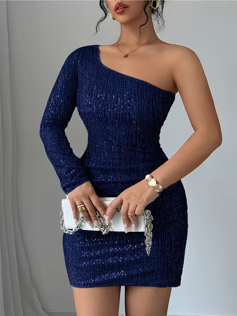 Shimmering One-Shoulder Sequin Dress.