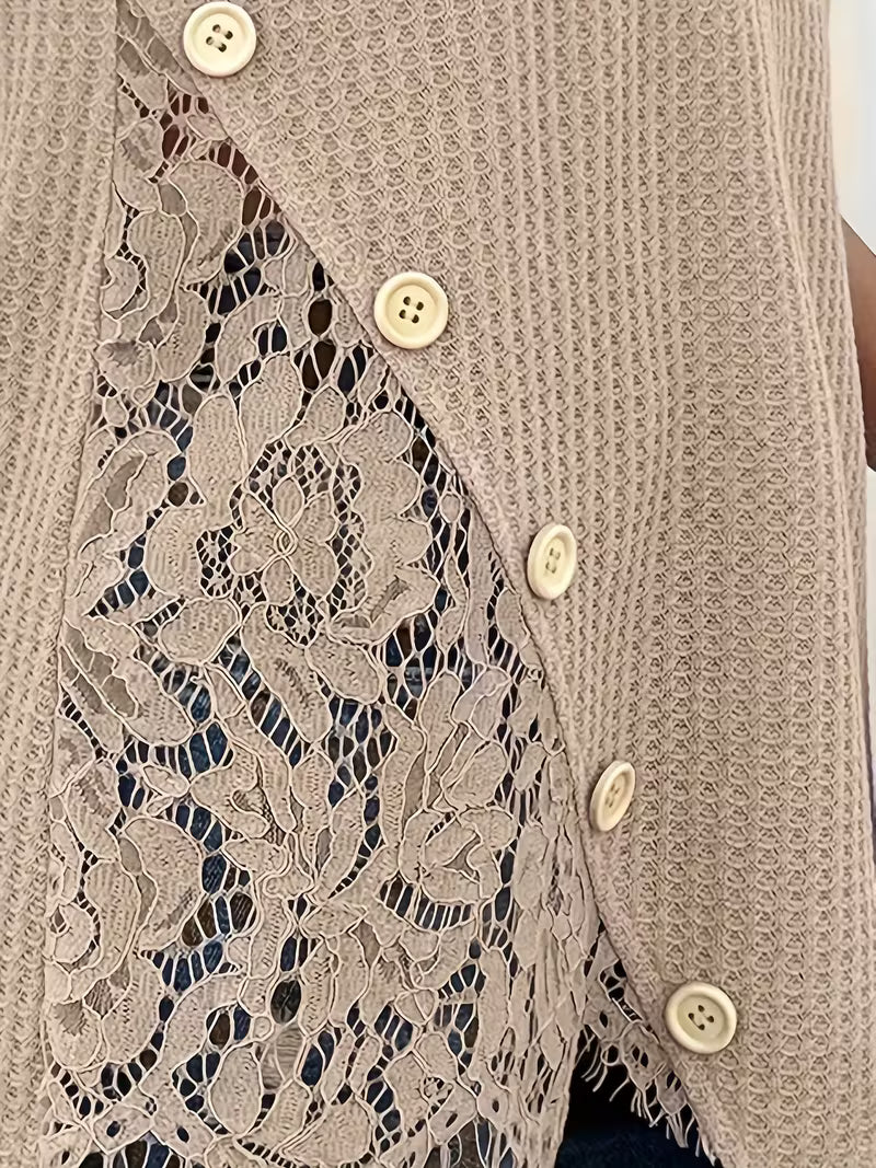 Short Sleeve V-Neck Top with Contrast Lace.