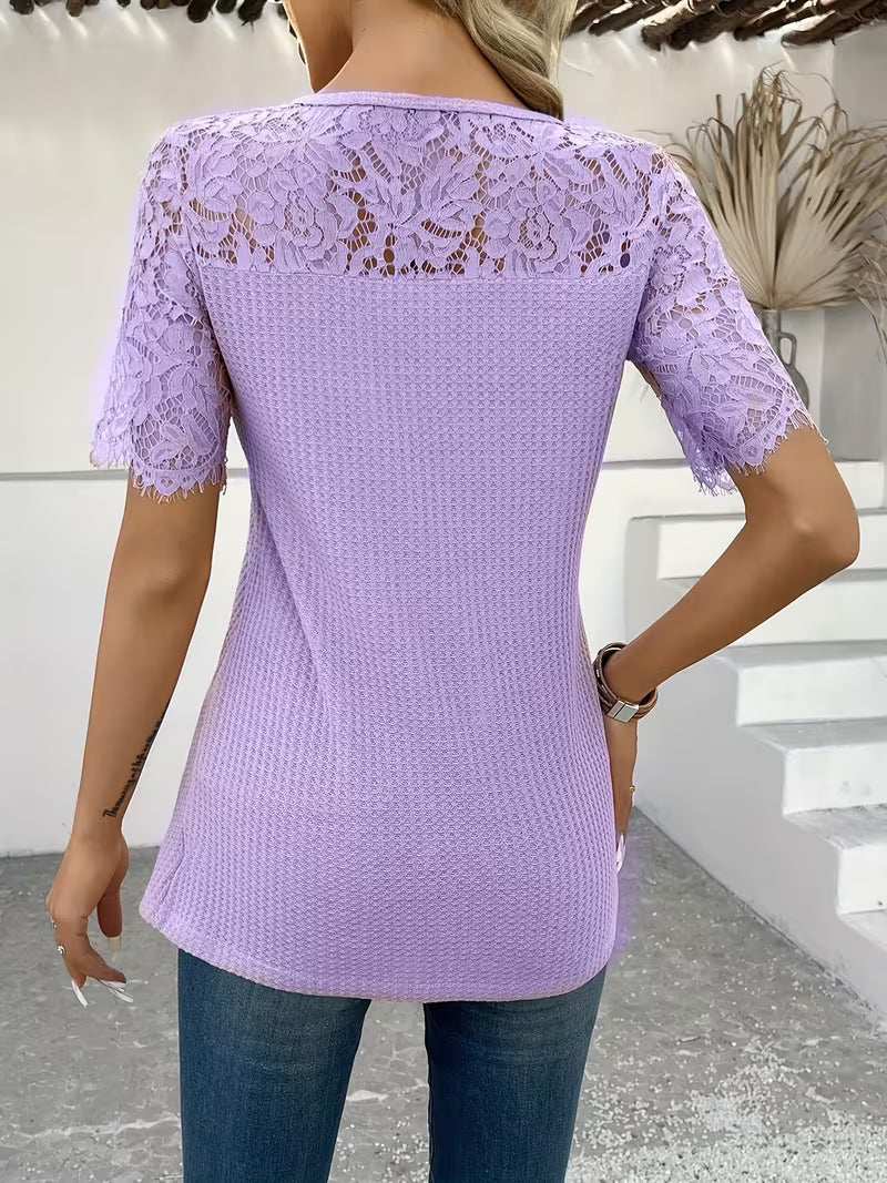 Short Sleeve V-Neck Top with Contrast Lace.
