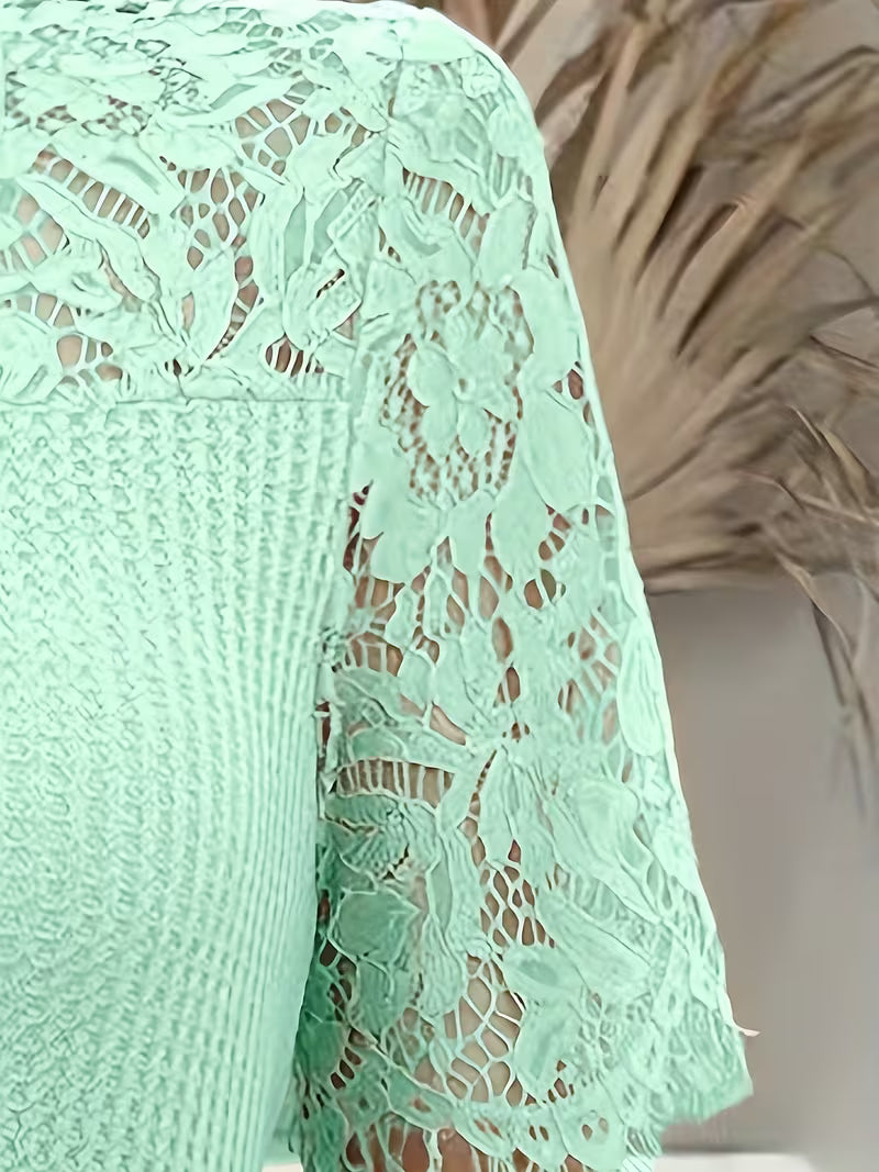 Short Sleeve V-Neck Top with Contrast Lace.