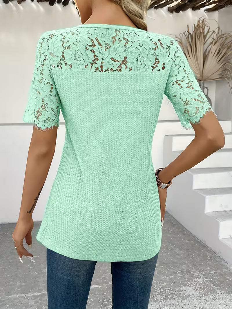 Short Sleeve V-Neck Top with Contrast Lace.