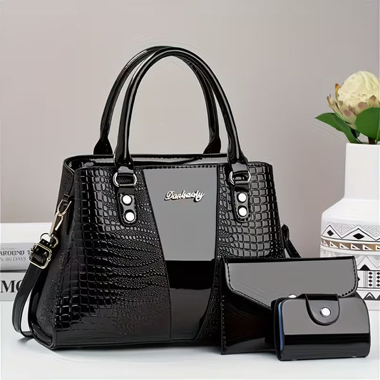 Signature Croc-Embossed Elegant Faux Leather Handbag.