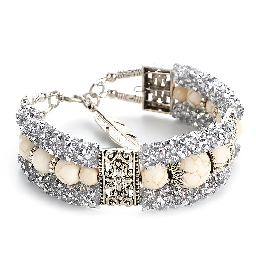 Silver-Plated Natural Stone Bangle Stone Bracelet.