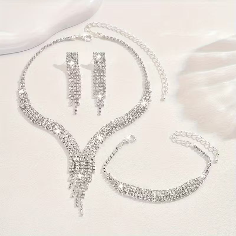Silver Plated Luxury Necklace, Earrings, and Bracelet Set.