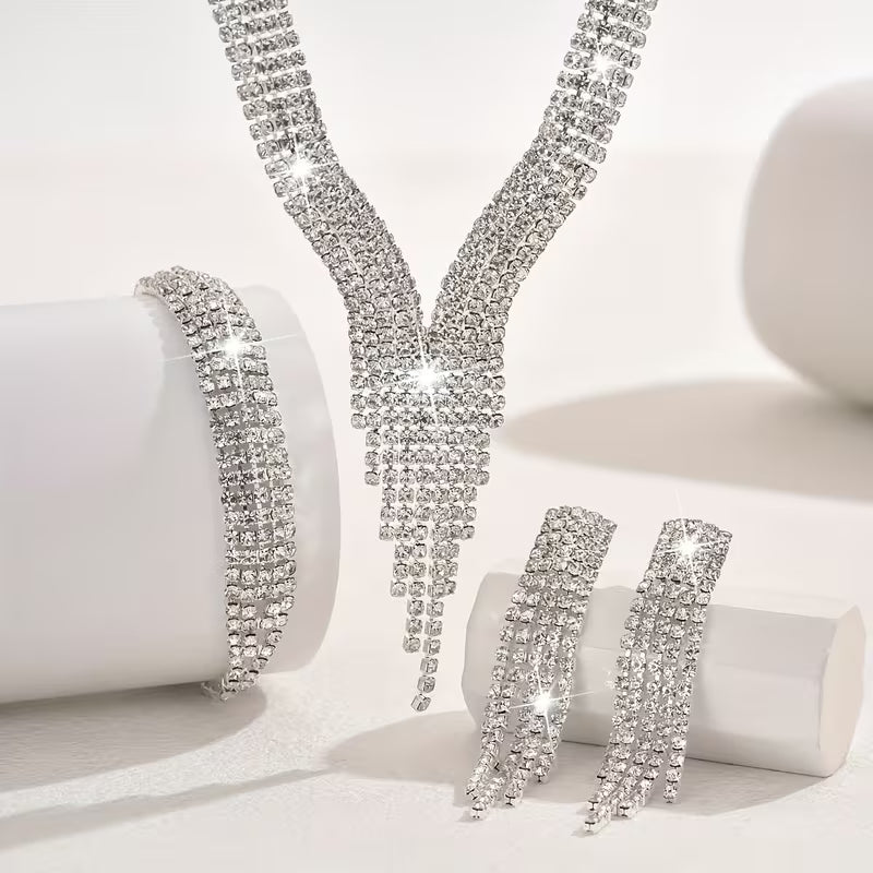 Silver Plated Luxury Necklace, Earrings, and Bracelet Set.
