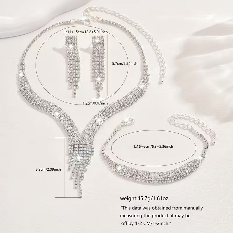 Silver Plated Luxury Necklace, Earrings, and Bracelet Set.