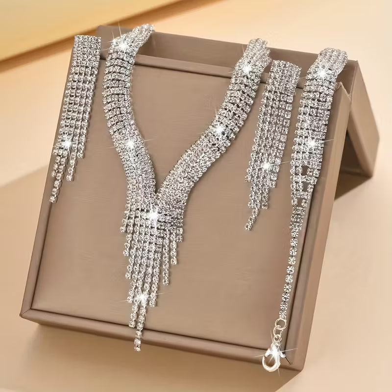 Silver Plated Luxury Necklace, Earrings, and Bracelet Set.
