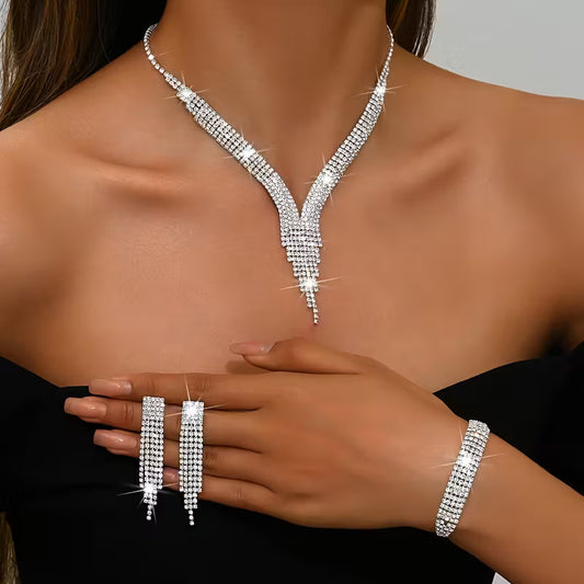Silver Plated Luxury Necklace, Earrings, and Bracelet Set.