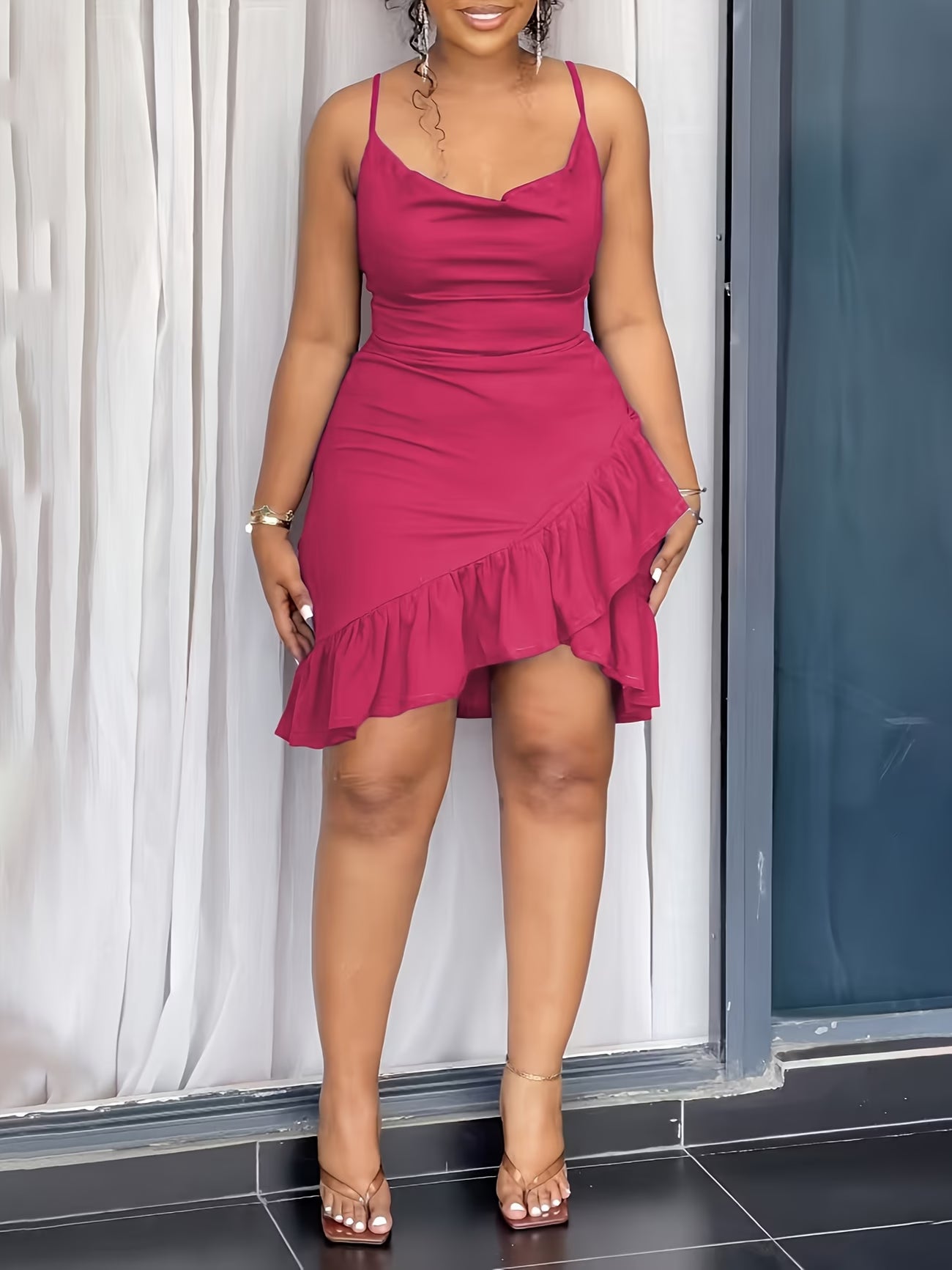 Sleeveless Dress with Ruffled Hem And Back Zipper.