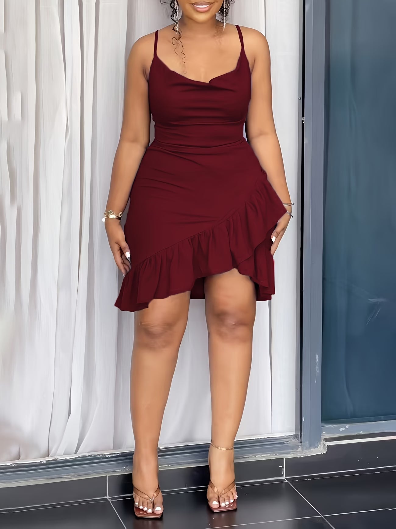 Sleeveless Dress with Ruffled Hem And Back Zipper.