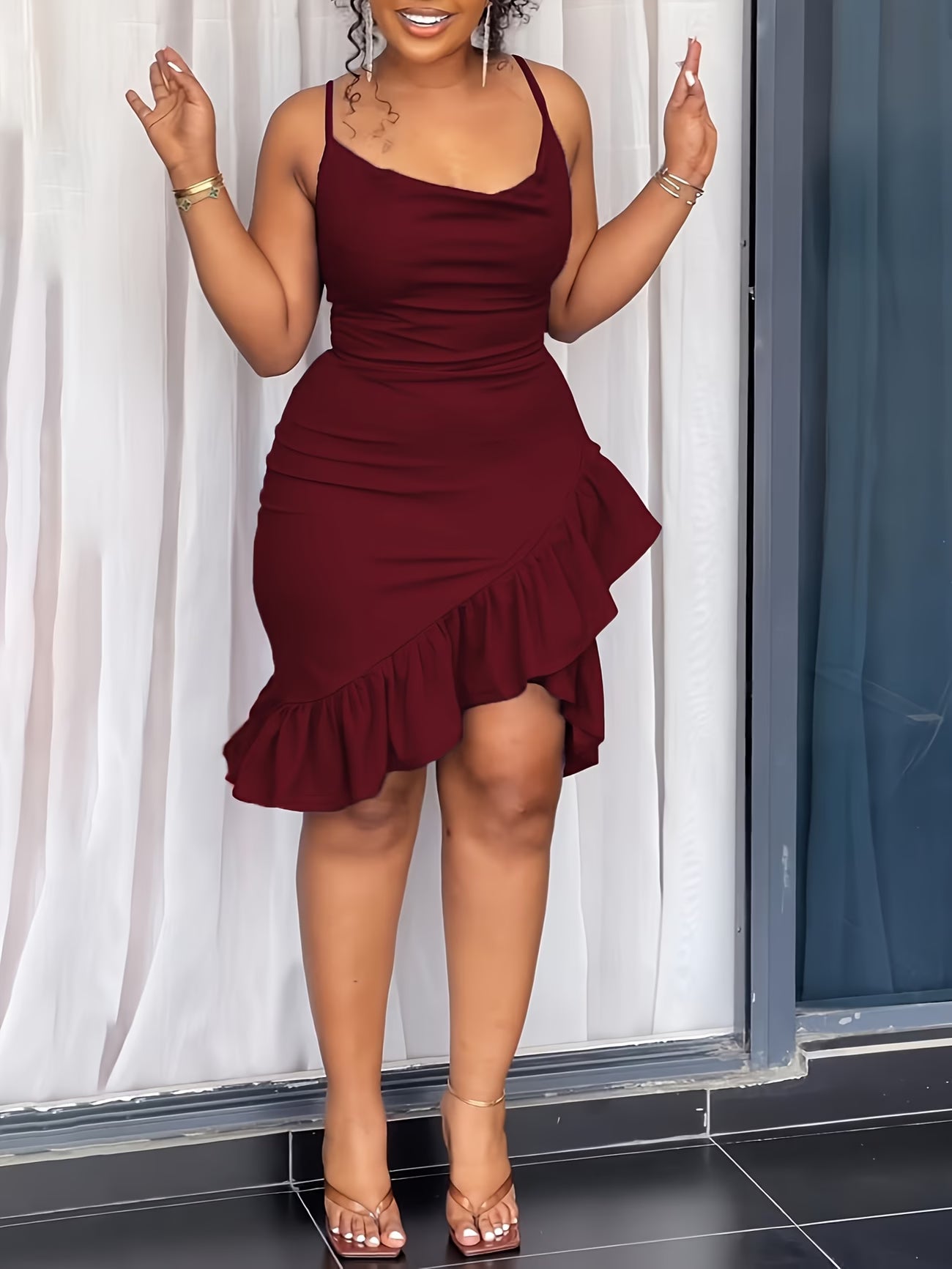 Sleeveless Dress with Ruffled Hem And Back Zipper.