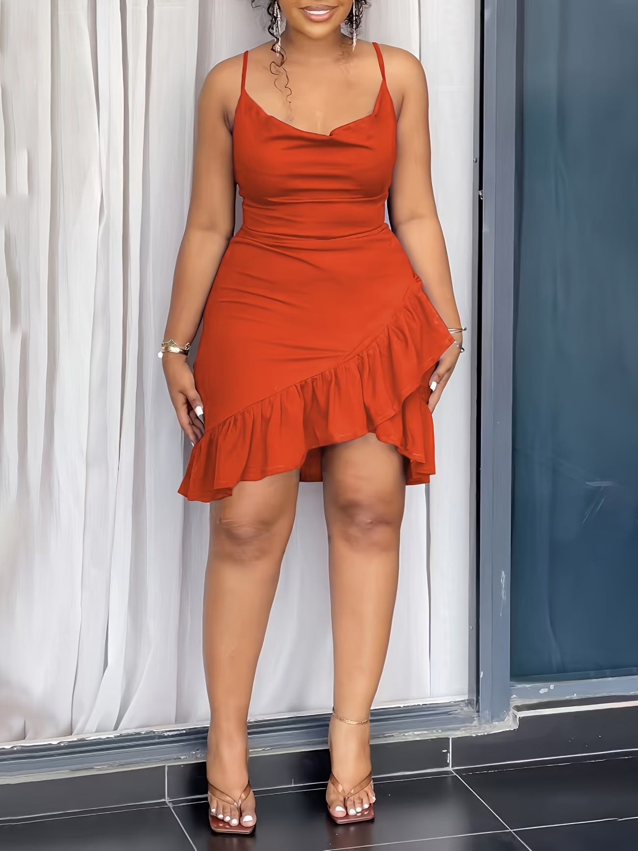 Sleeveless Dress with Ruffled Hem And Back Zipper.