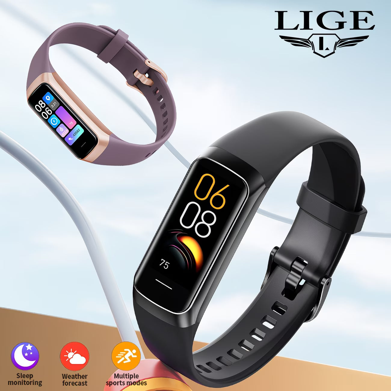 Smartwatch – 1.1" AMOLED Display with Sleep & Sedentary Alerts.